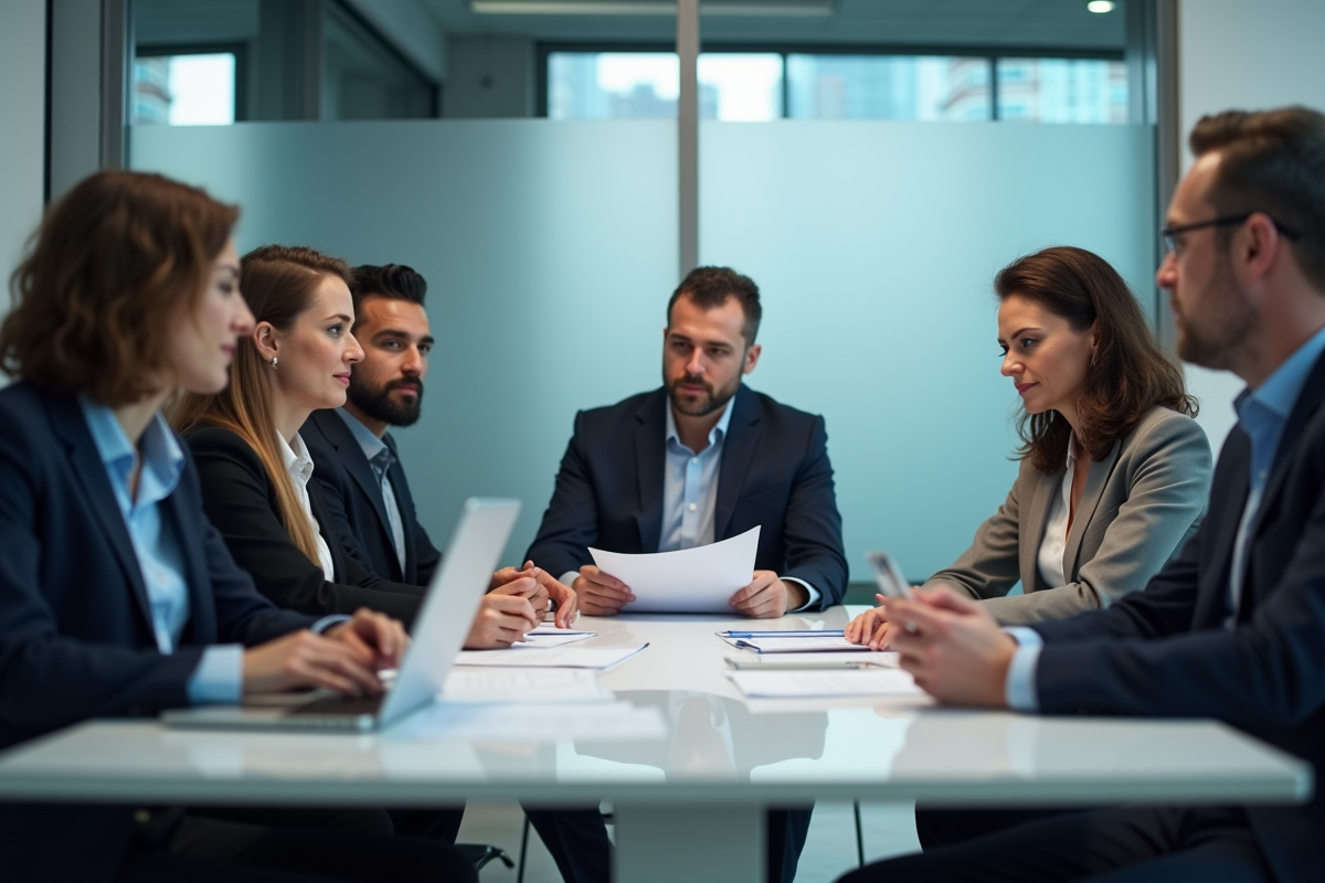 Groupe de professionnels autour d'une table en réunion sur la sécurité des données