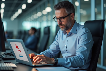 Homme d'affaires regardant un VPN PPTP avec alerte