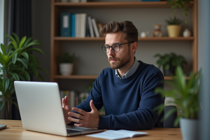 Homme au bureau regardant un ordinateur avec navigation privée