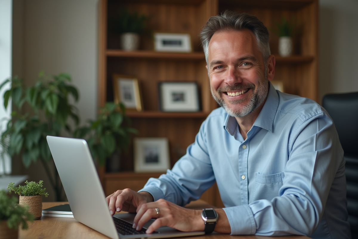 Homme d age moyen verrouillant un disque dur externe chez lui