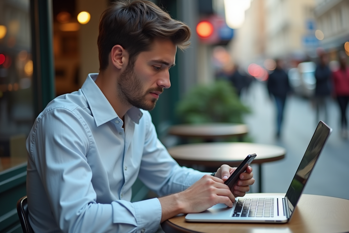 Jeune homme tapant un code sur son smartphone au café