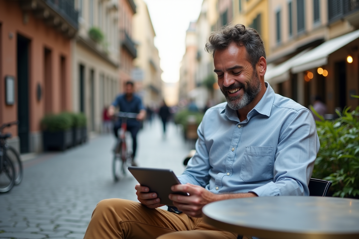 Homme détendu dans un café urbain utilisant une tablette