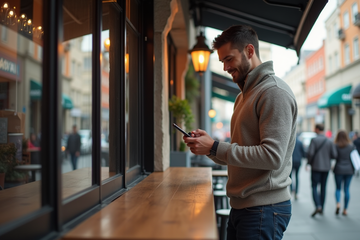 Homme décontracté utilisant une application au café