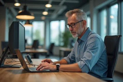 Homme d'âge moyen connectant un câble Ethernet au bureau