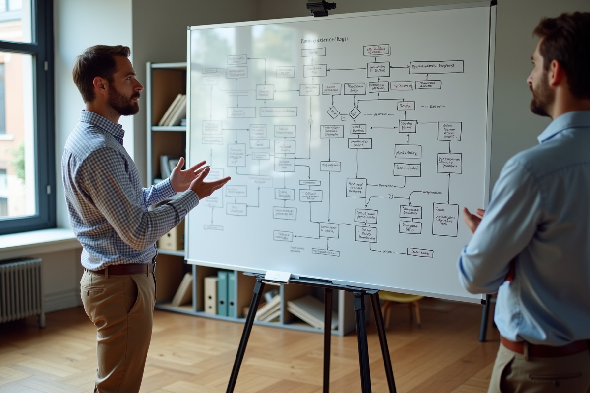 Homme en checkered shirt explique un diagramme au tableau