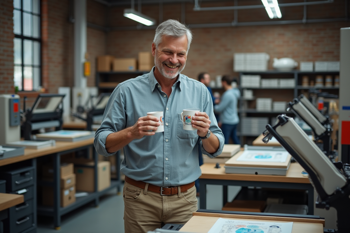 Homme inspectant un mug sublimé dans un atelier d