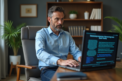 Homme concentré devant un ordinateur avec alerte ransomware