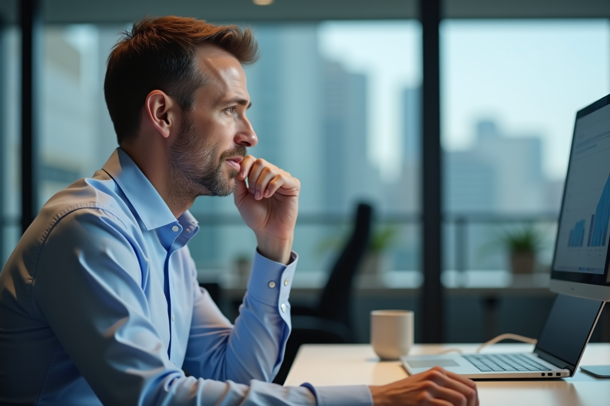 Homme en chemise bleue utilisant un assistant vocal au bureau
