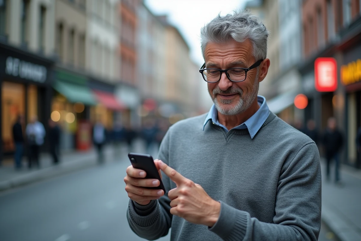 Homme en ville utilisant un smartphone avec avertissement URL