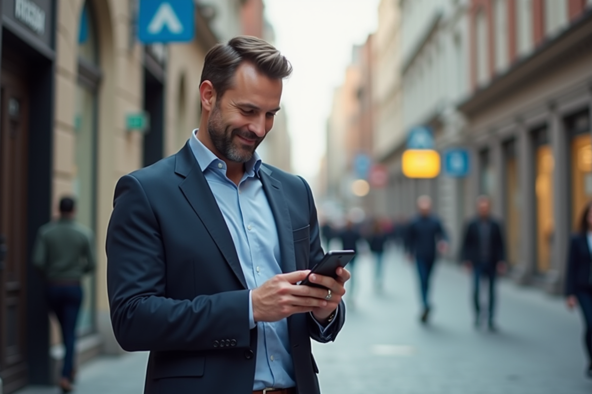 Homme d affaires utilisant son smartphone en ville