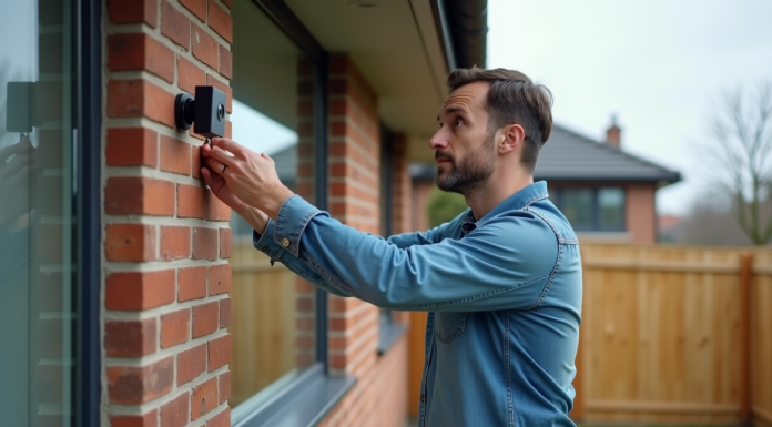 Homme ajustant une caméra de sécurité extérieure sur une maison