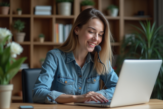 Jeune femme au bureau avec microphone et ordinateur