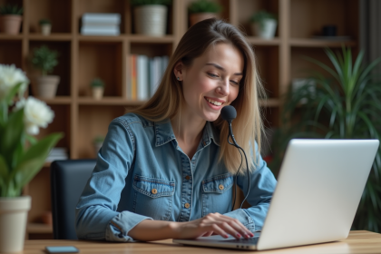 Jeune femme au bureau avec microphone et ordinateur