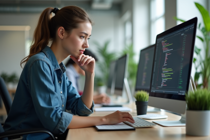 Jeune femme professionnelle code sur son ordinateur dans un bureau moderne