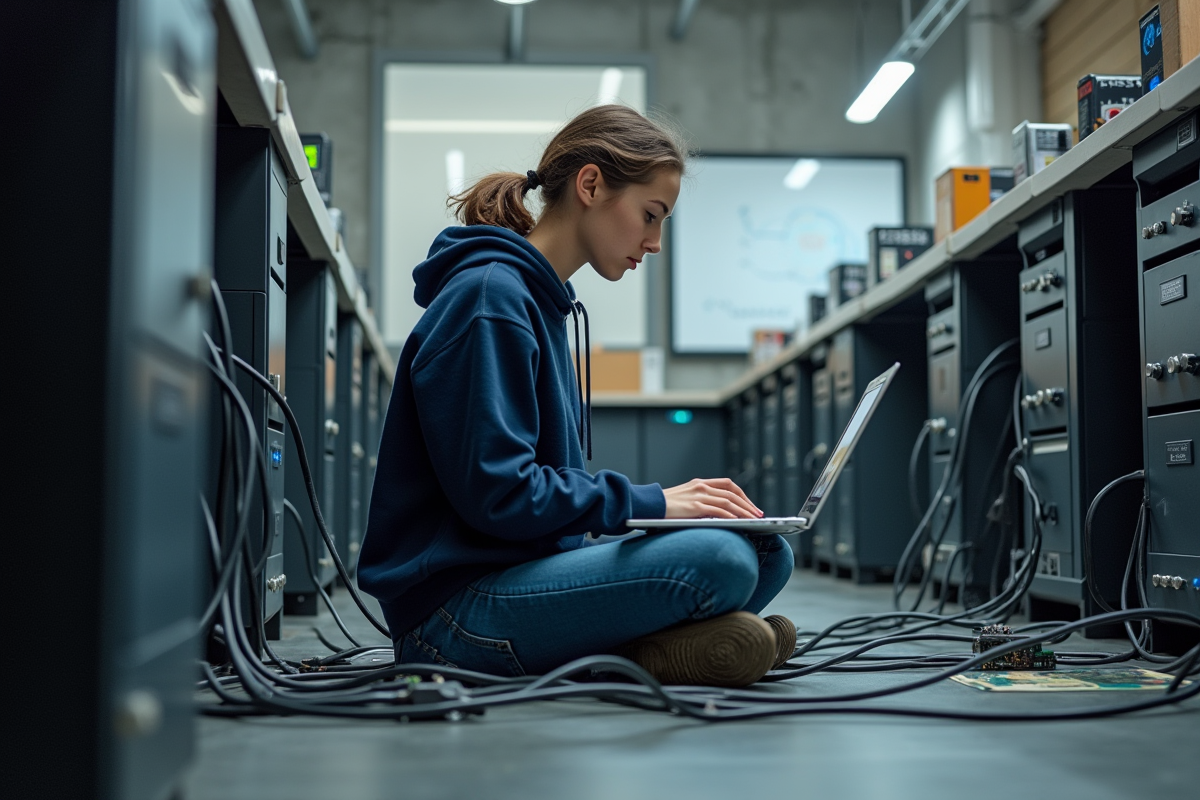 Jeune femme ingénieur travaille sur câbles et circuits quantiques