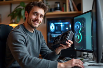 Jeune homme assemble un PC gaming dans un bureau moderne