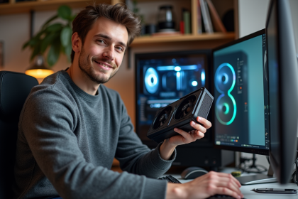 Jeune homme assemble un PC gaming dans un bureau moderne