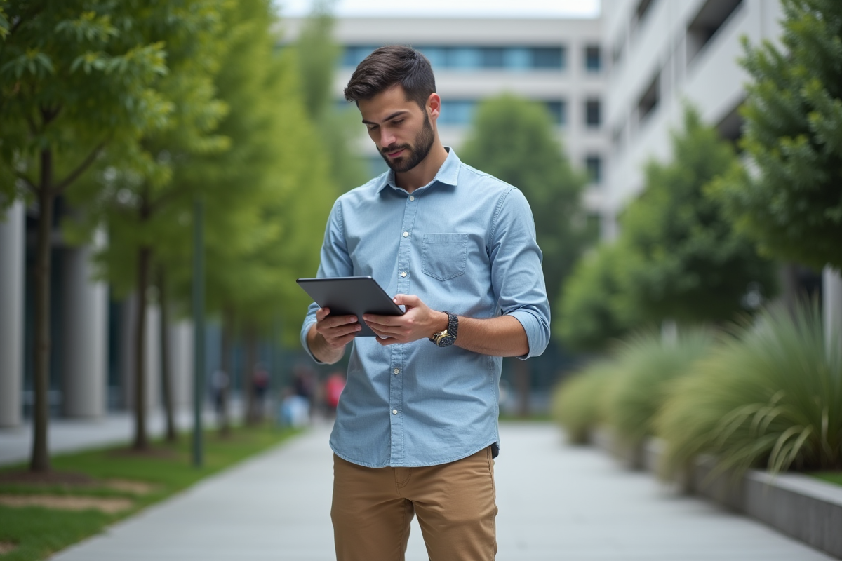 Jeune homme étudiant du code C en extérieur