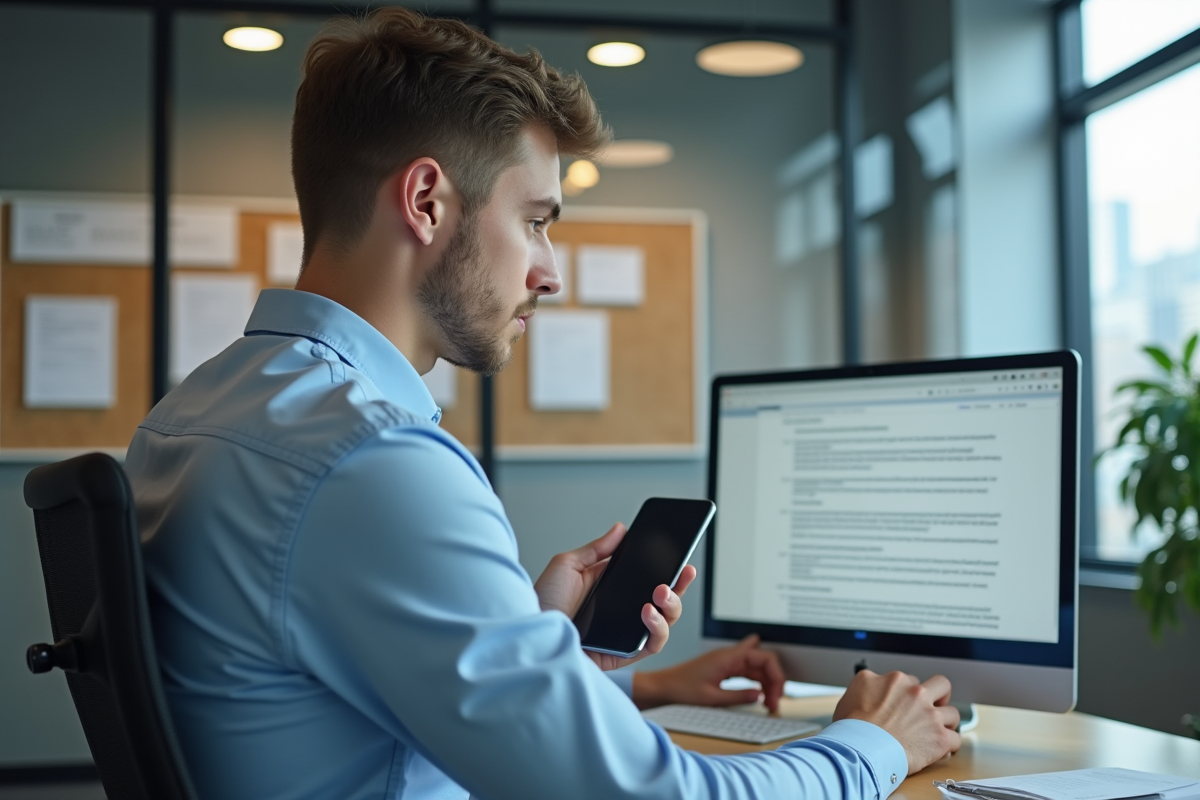 Jeune homme dictant sur smartphone en vérifiant texte sur moniteur