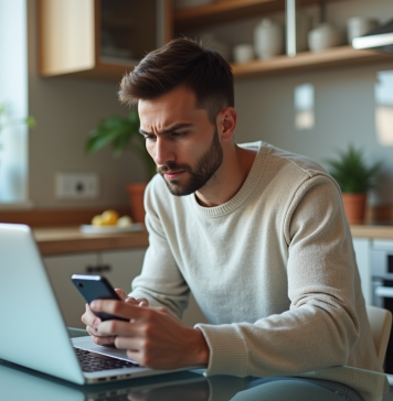 Code de validation : pourquoi il ne fonctionne pas ? Conseils et solutions Jeune homme frustré avec ordinateur portable dans la cuisine