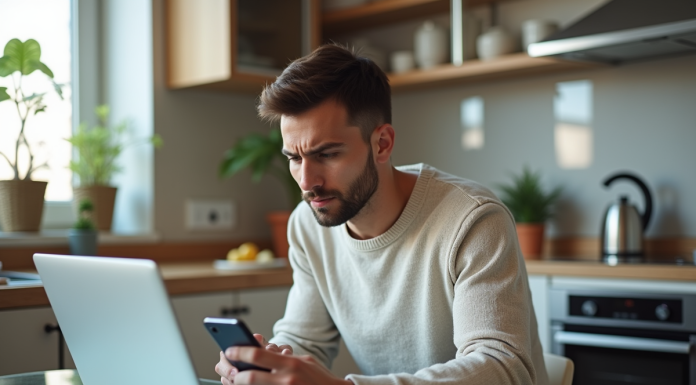 Jeune homme frustré avec ordinateur portable dans la cuisine