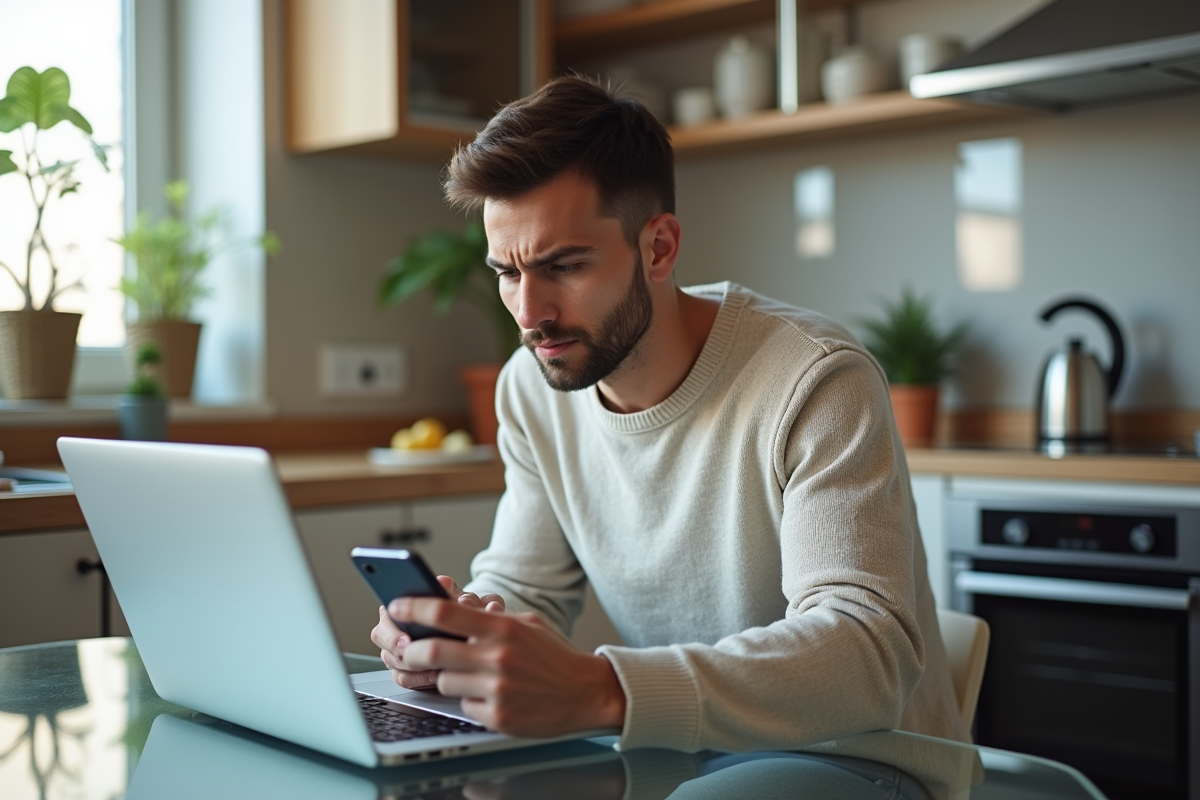 Jeune homme frustré avec ordinateur portable dans la cuisine