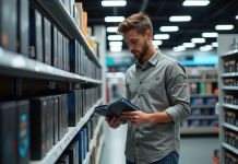 Génération Core i5 : quels modèles choisir pour des performances optimales ? Jeune homme compare deux processeurs en magasin d'électronique