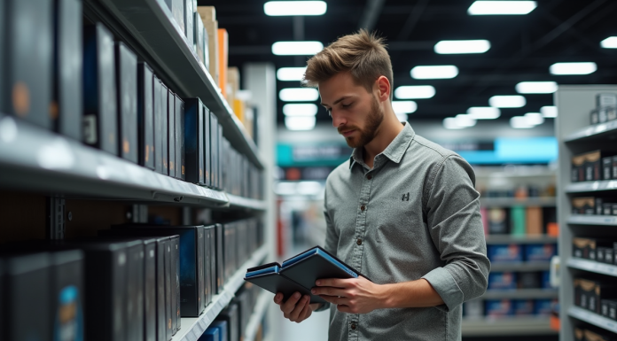 Jeune homme compare deux processeurs en magasin d'électronique