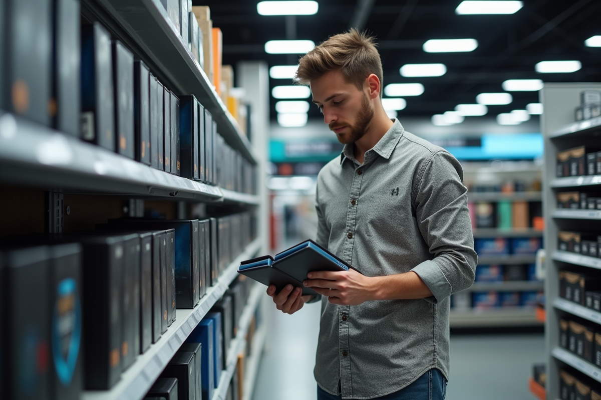 Jeune homme compare deux processeurs en magasin d'électronique