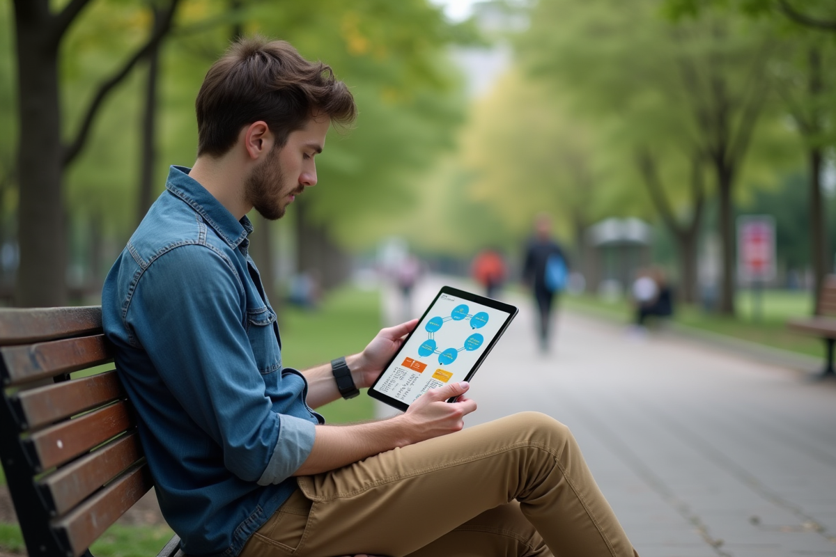 Jeune homme dans un parc regardant des diagrammes sur tablette