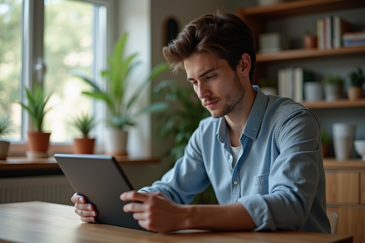 Jeune homme vérifiant ses emails sécurisés à la maison
