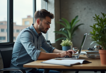 Jeune homme professionnel utilisant un ordinateur au bureau