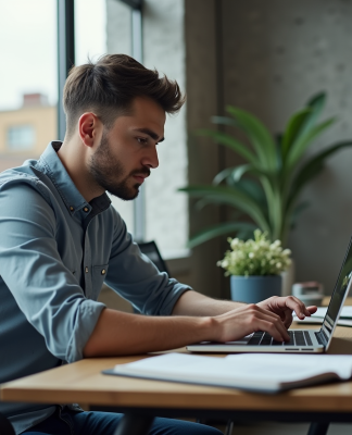 Jeune homme professionnel utilisant un ordinateur au bureau