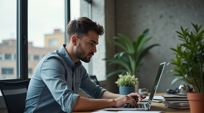Jeune homme professionnel utilisant un ordinateur au bureau