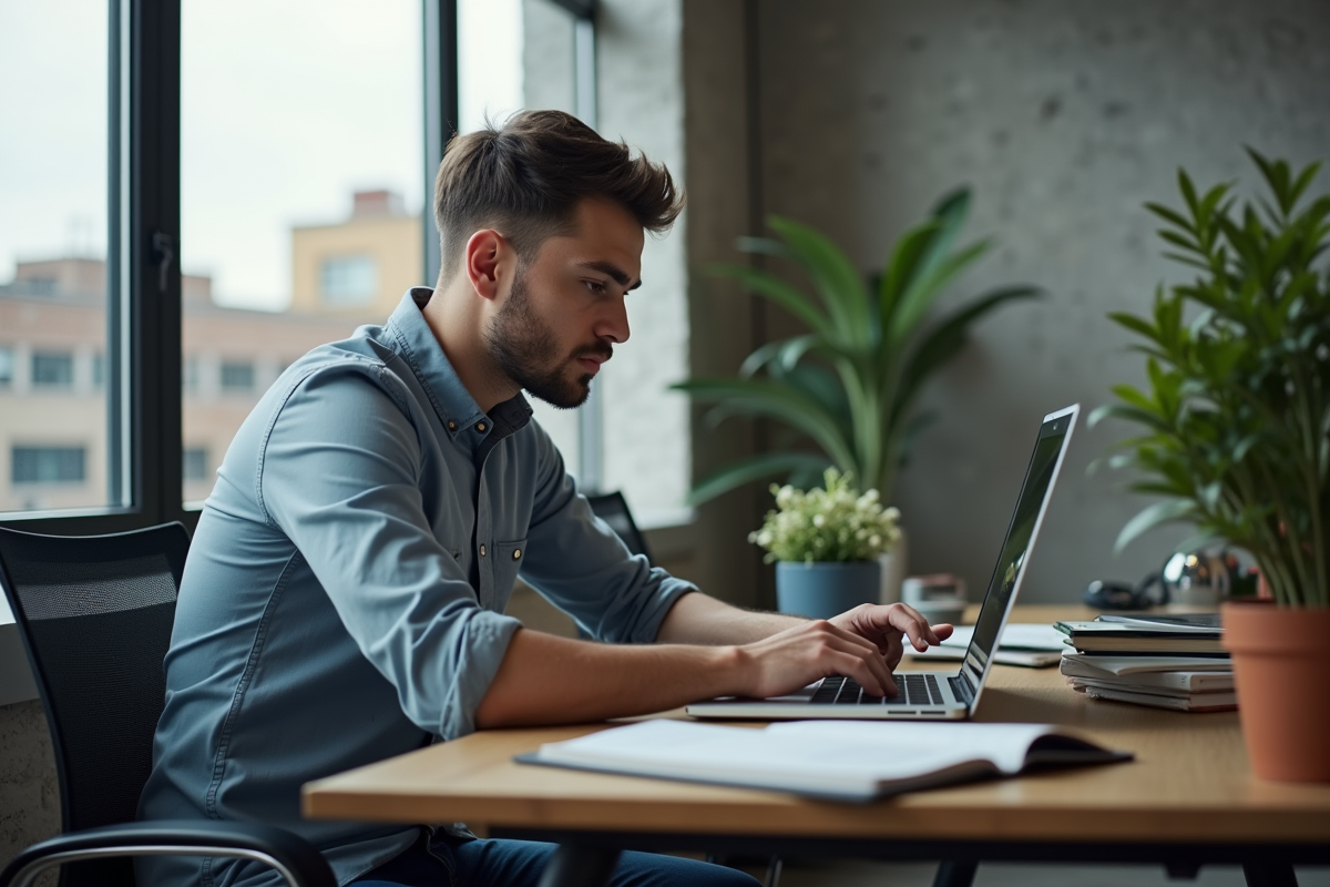 Jeune homme professionnel utilisant un ordinateur au bureau