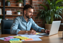 Référencement : combien de piliers pour bien ranker sur Google ? Jeune homme professionnel organisant des postit dans un bureau moderne