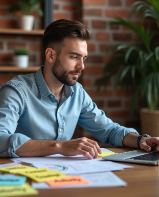Jeune homme professionnel organisant des postit dans un bureau moderne