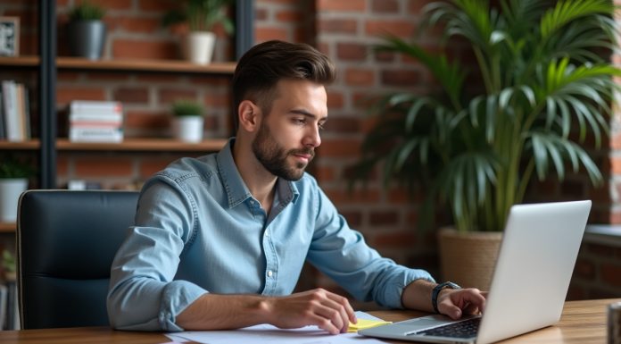 Jeune homme professionnel organisant des postit dans un bureau moderne