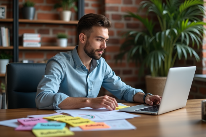 jeune-professionnel-organisation-postit Jeune homme professionnel organisant des postit dans un bureau moderne