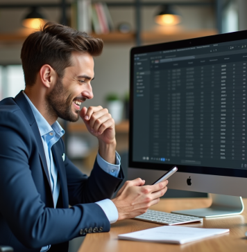 Envoi groupé de SMS : quelle application permet d’envoyer 1000 messages en un seul clic ? Jeune homme d'affaires utilisant son smartphone au bureau