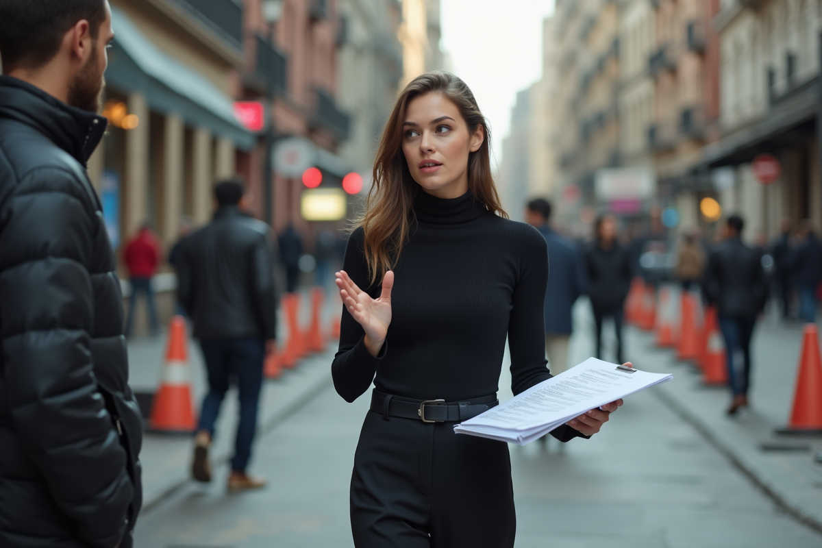 Jeune réalisatrice en extérieur donnant des instructions
