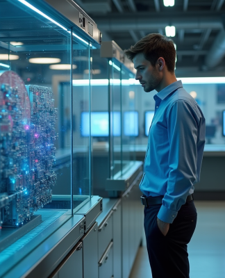 Jeune scientifique en laboratoire avec ordinateur quantique