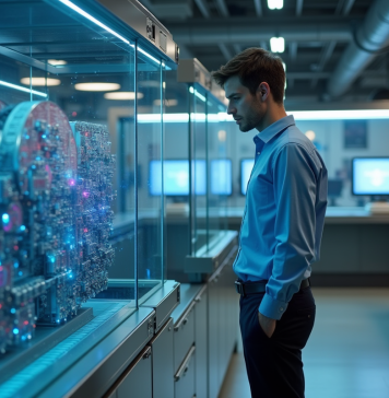 Informatique quantique : portée et avenir à découvrir Jeune scientifique en laboratoire avec ordinateur quantique