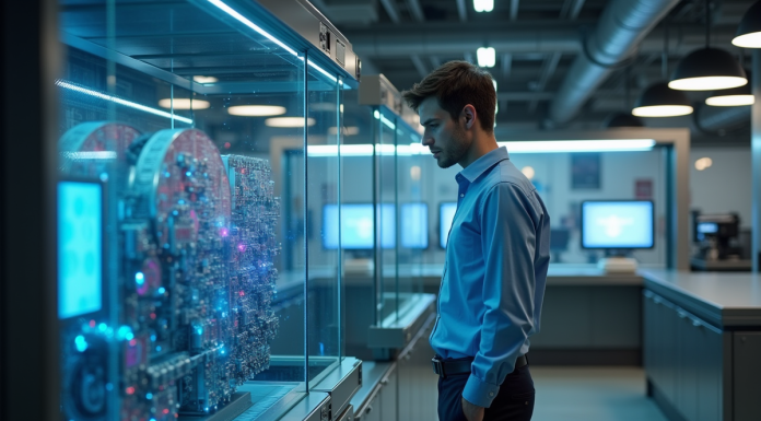 Jeune scientifique en laboratoire avec ordinateur quantique