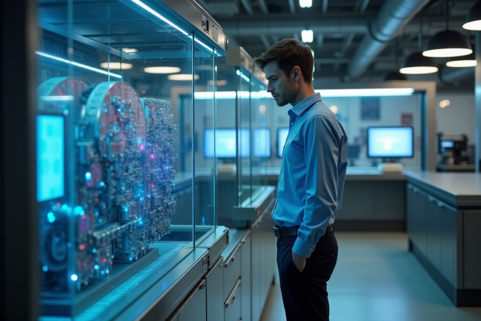 Jeune scientifique en laboratoire avec ordinateur quantique