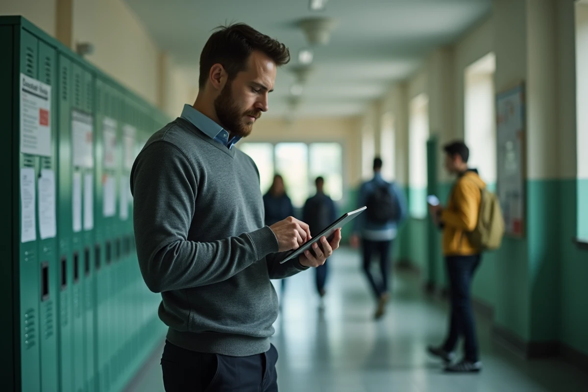 Nouvel enseignant consultant sa messagerie académique de Grenoble sur une tablette dans un couloir d'établissement scolaire