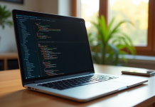 Ordinateur portable moderne avec code HTML à l'écran sur un bureau en bois