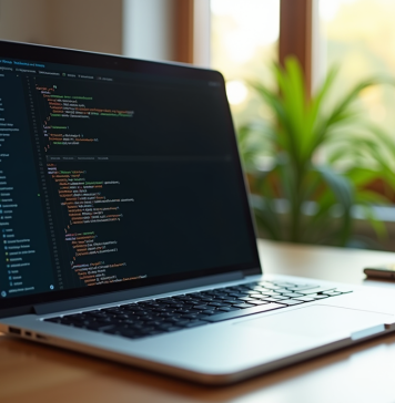 Balise HTML pour code : comment utiliser une balise de code en HTML ? Ordinateur portable moderne avec code HTML à l'écran sur un bureau en bois