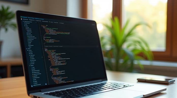 Ordinateur portable moderne avec code HTML à l'écran sur un bureau en bois