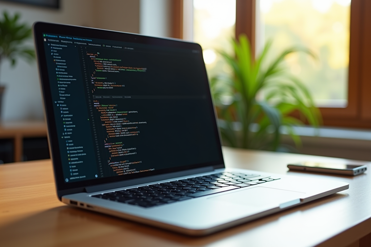 Ordinateur portable moderne avec code HTML à l'écran sur un bureau en bois
